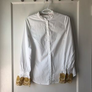 Boden white button up w/ ruffle yellow sleeves